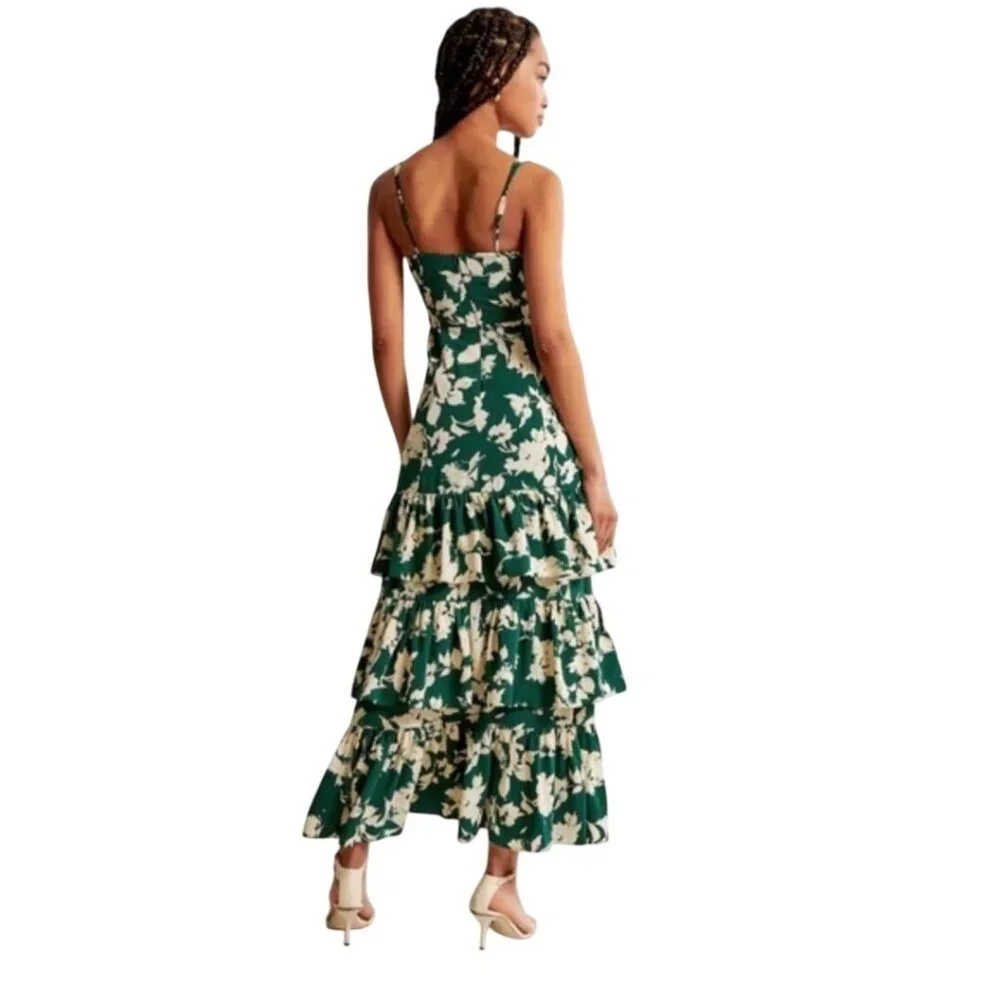 Abercrombie & Fitch Drama Floral Tiered Maxi Dress Green Cream 1/2 Lined Size S